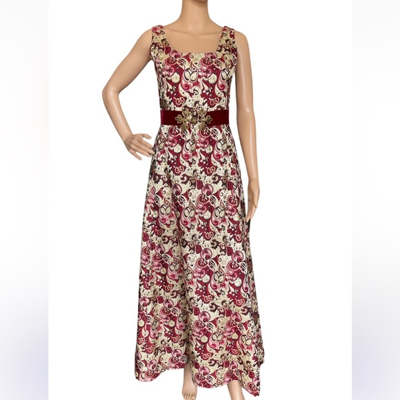 Vintage Gino Charles Brocade Metallic Maxi Dress with Velvet Belt XS Small - Picture 8 of 16